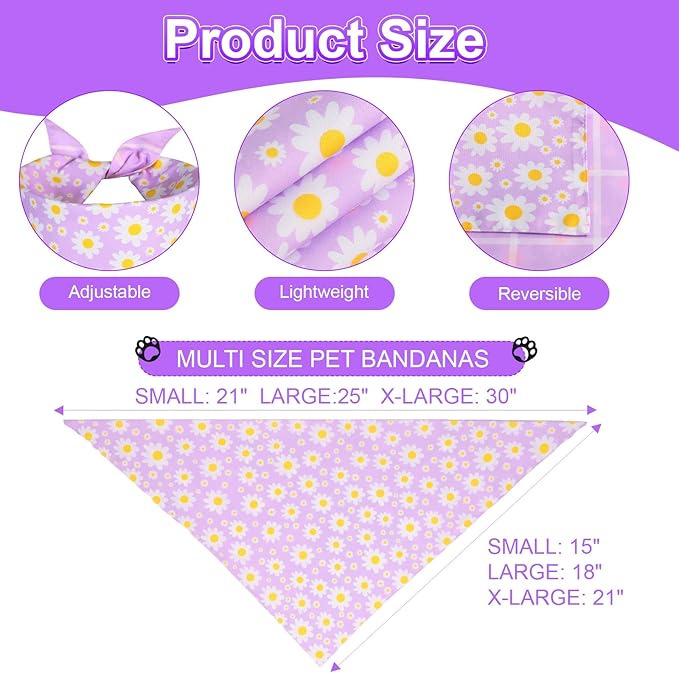 Summer Dog Bandanas Girl Small 2PCS, Purple Pink Daisy Scarf, Durable Triangle Reversible Bibs Spring Handkerchief for Puppy Pet