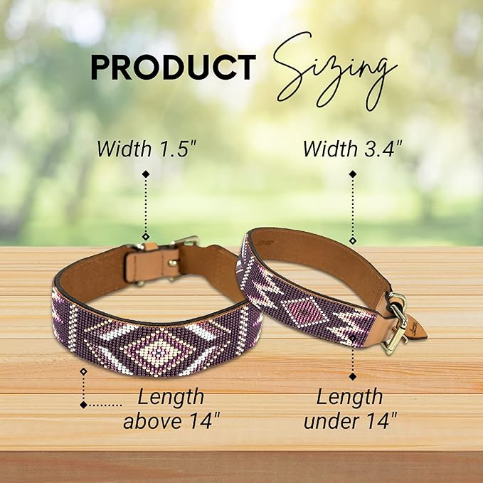 Sambboho - Charlotte Dog Collar - All Natural Soft Leather Dog Collar w/Durable Hand Stitched Bead Embroidery (20-22 in.)