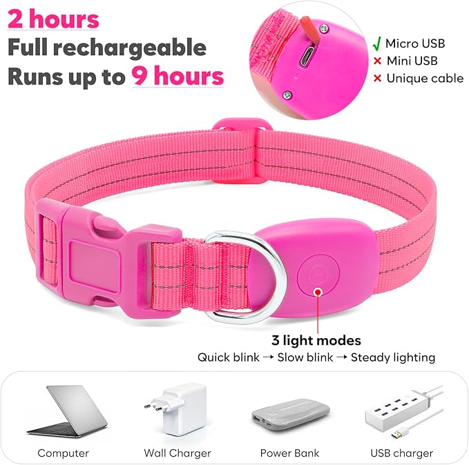 Light Up Dog Collars Rechargeable, Reflective LED Glow Dark Dog Collar for Small Medium Large Dogs, Adjustable Pet Dog Lights for Safe Night Walk-Pink, Small