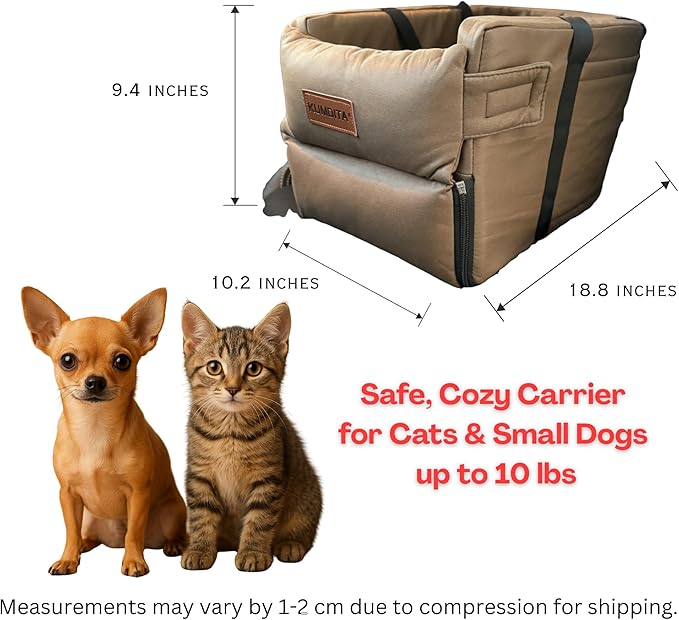 Kumdita' Center Console Dog Car Seat & Carrier for Small Dogs & Cats – Portable Booster with Sewn-in Leash, Machine Washable, Fits Most Vehicles (Brown)