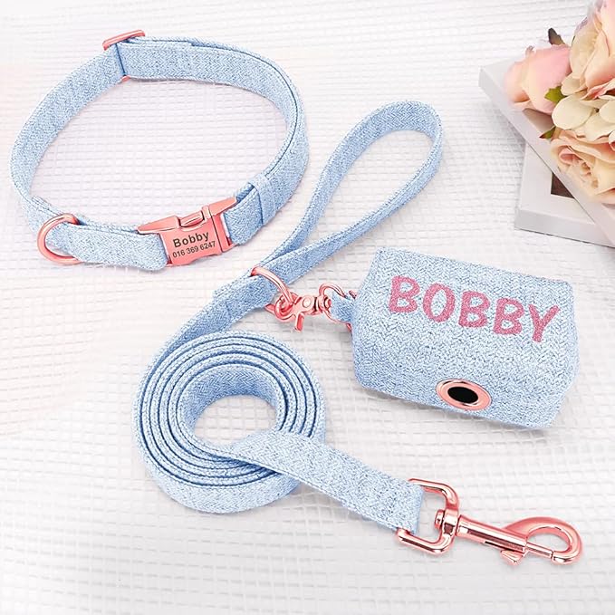 Personalized Dog Collar with Leash Custom Dog Waste Bag Dispenser Engraved Pet Collar Walk Lead Outdoor Pet Poop Bag Portable Blue M