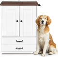 Dog Feeding Station,Double Door Locker with 2 Adjustable Bowls,Pet Food Storage Pet Feeder Cabinet Container with Dog Raised Bowls and Hanger for Feeding & Watering Supplies (White)