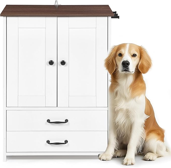 Dog Feeding Station,Double Door Locker with 2 Adjustable Bowls,Pet Food Storage Pet Feeder Cabinet Container with Dog Raised Bowls and Hanger for Feeding & Watering Supplies (White)
