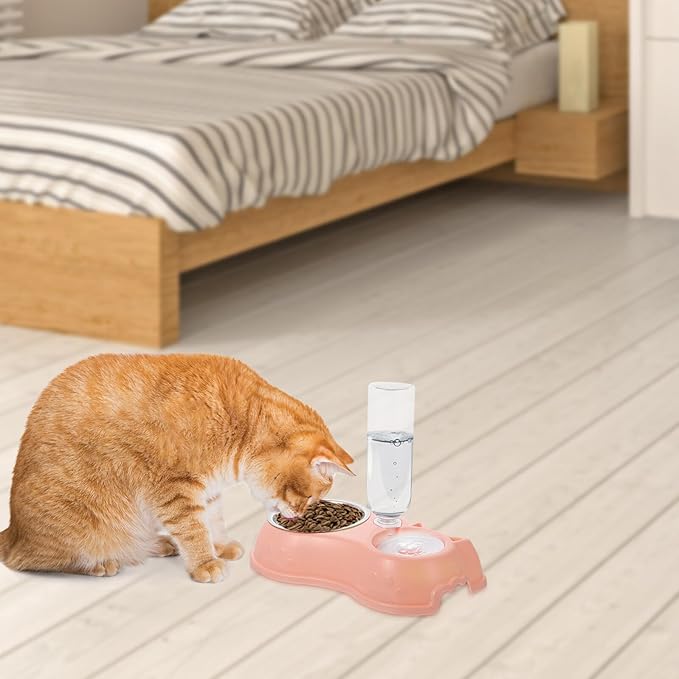 Kichvoe Automatic Pet Food and Water Dispenser Dual Bowl, Pink Plastic Feeder with Bottle for Cats and Dogs, Suitable for Home Feeding and Travel