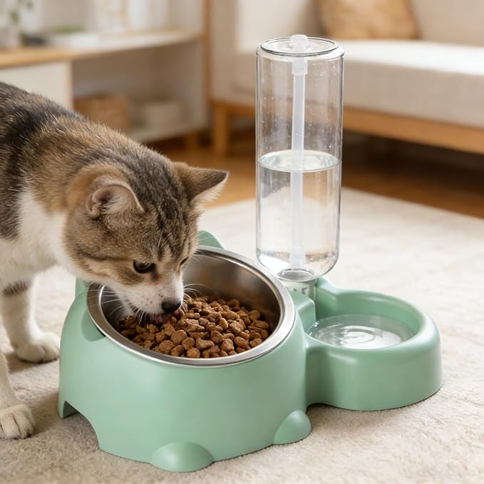 Cat Food and Water Bowl Set, Automatic Dog Dish Bowl with Water Dispenser, Removable Drinking and Eating Bowls, No-Spill Pet Feeder for Puppy, Medium Dogs & Cats (Green)