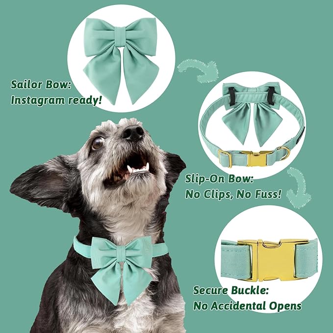 Maca Bates Mint Green Dog Collar with Cute Solid Sailor Bow Tie for Large Girl Boy Dogs,Adjustbale Durable Breakaway Soft Collars with Bowtie for Female Male Puppy,Pet with Metal Buckle