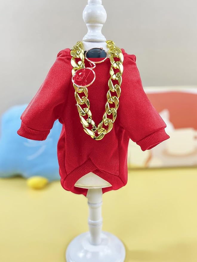 QWINEE 3Pcs Dog Hoodie Cat Apparel Dog Custume Set with Necklace and Sunglasses Pet Clothes for Puppy Small Medium Dogs Cats Red XXL