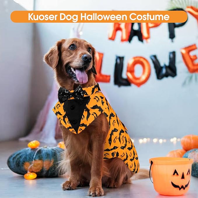 Kuoser Dog Tuxedo Suit and Bandana Set, Bat Pumpkin Print Dogs Halloween Outfit Adjustable Dog Halloween Costume with Bow Tie for Large Medium Small Dogs Golden Retriever Samo Bulldogs, Orange M
