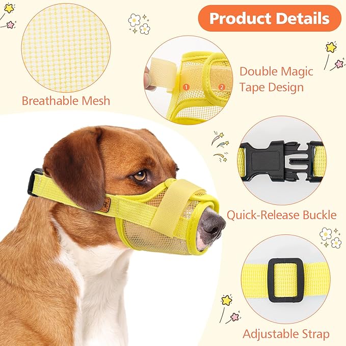 Coppthinktu Soft Dog Muzzle, Breathable Mesh Muzzle for Small Medium Large Sized Dog Mouth Cover, Adjustable Muzzles to Prevent Biting Barking Dogs Mouth Cover Allows Drinking (Yellow L)