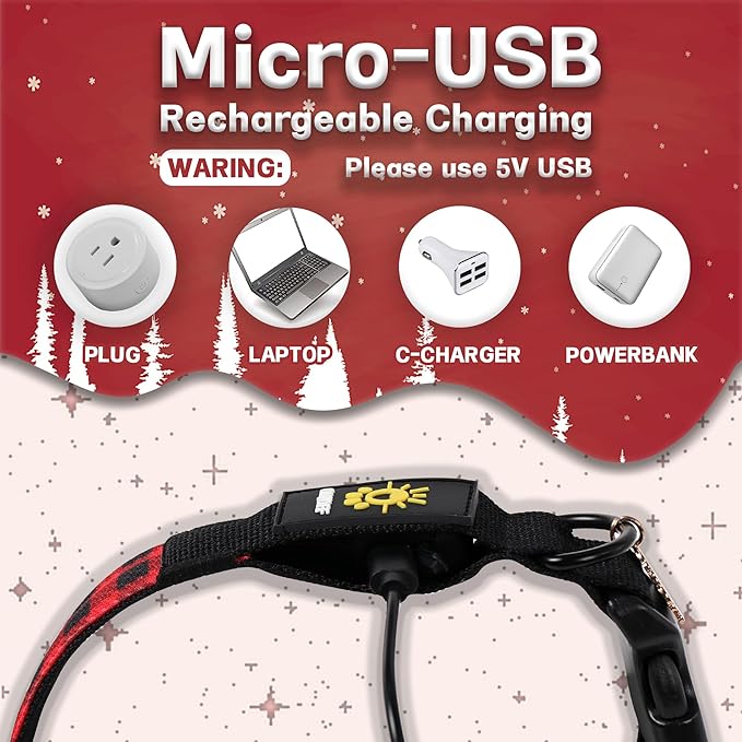 DOGWONG LED Dog Collar - Christmas Red Plaid Heavy Duty Light up Dog Collars - Rechargeable Waterproof - Lighted Dog Collars for Night Walking, Hiking, Camping(Red Plaid,M)