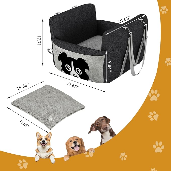 Dog Car Seat for Small Dogs,Waterproof Dog Booster Car Seat with Storage Pockets,Pet Carseat Puppy Travel Carrier Bed,Thickened Memory Foam Filling, Black & Grey