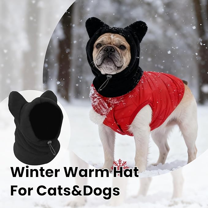 Dog Snood Winter Hood with Ear Protection, Fleece Neck Warmer for Dogs, (Black, Medium)