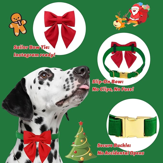 Maca Bates Christmas Grass Green Dog Collar with Cute Solid Sailor Bow Tie for Extra Large Girl Boy Dogs,Adjustbale Durable Breakaway Soft Collars with Bowtie for Female Male Puppy,Pet