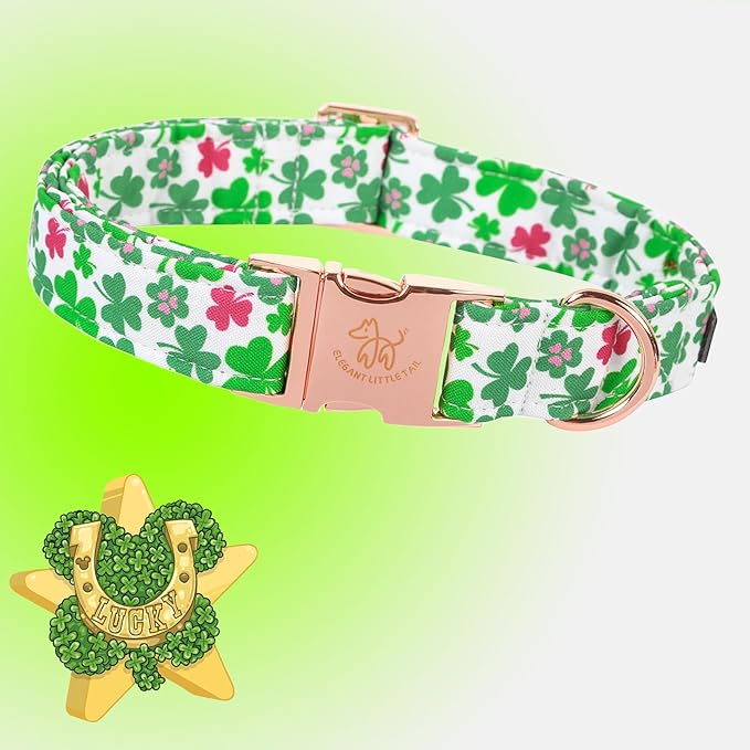 Elegant little tail St Patrick's Dog Collar, Green Clover Pet Collar Cotton Soft Holiday Pet Collar Cute Puppy Collar Adjustable Pet Collars for Large Dogs