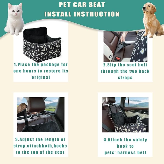 Cullaby Dog Car Seat for Small/Medium Dogs – Elevated Booster Seat with Detachable, Washable Cover, Safety Belts, and Storage Pockets Car Back Seat (Black Daisy, 15.75 * 17.72 * 9.84")
