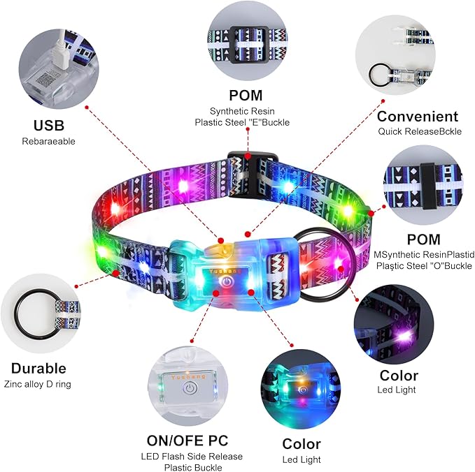 Light Up Dog Collars,LED Dog Collar Rechargeable Waterproof,2-in-1 Buckle Type Glow Dog Collar for Medium Large Dogs.XL(Bohemian Blue)