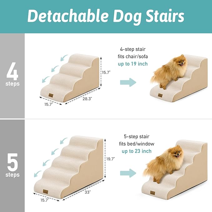 Dog Stairs for Small Dogs 15.7" H, 4-Step Sturdy Foam Dog Steps for Couch or Sofa, Curved Pet Stairs for Puppy and Older Cat, Doggie Ladder with Washable Cover, 15.7x28.3x15.7 inch, Beige