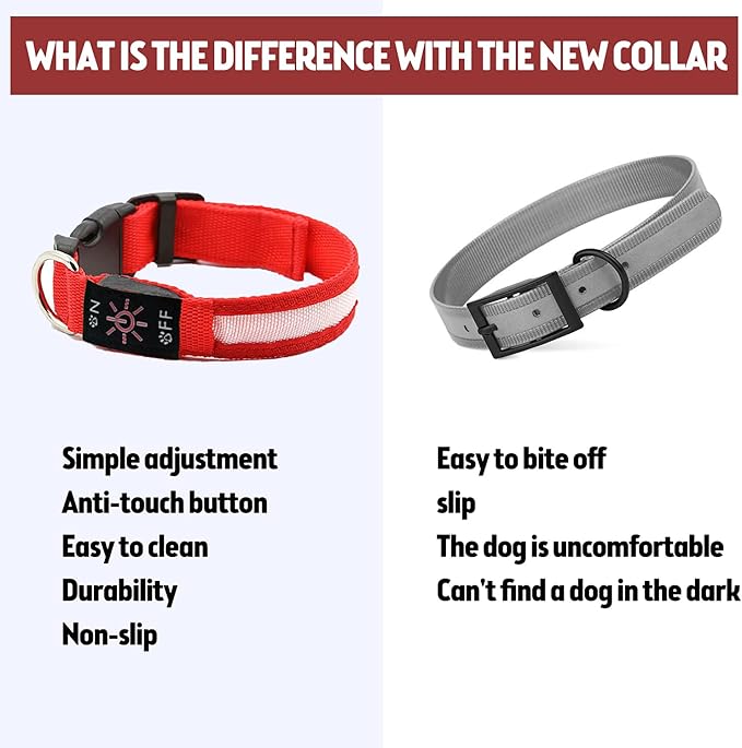 LED Dog Collar, Reflective Dog Collar, USB Rechargeable with 100% Waterproof Luminous Collar, Suitable for Medium and Large Dogs (Red, M)
