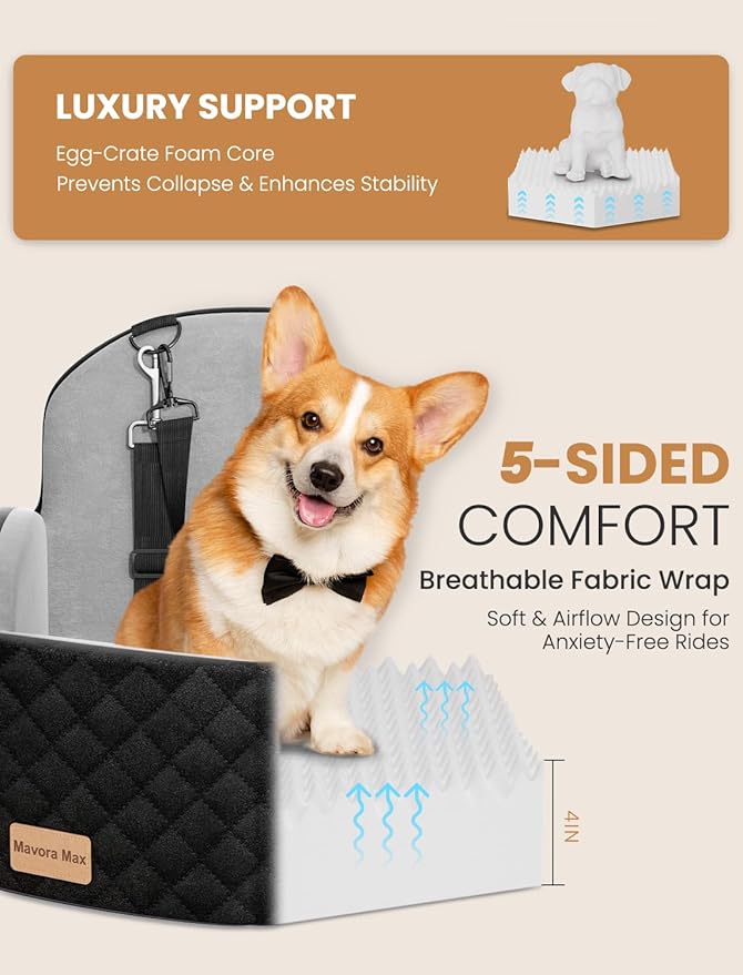 Dog Car Seat for Small/Medium Dogs, Elevated Dog Booster Seat Memory Foam Puppy Car Seat with Washable Cover, Travel Safety Pet Seat for Car with Storage Pockets Up to 35 lbs (Black/Grey)