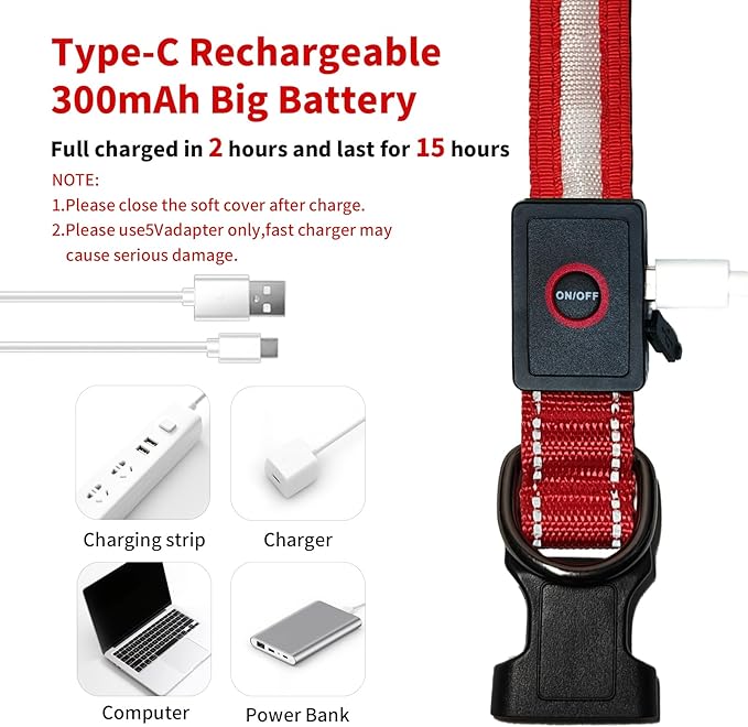 LED Dog Collar Light Up with 2025 Bright Beads & 300mAh Battery, Type-C Rechargeable Waterproof Dog Collar, 3 Flash Mode 15H for Night Safety, Adjustable Nylon Glow Collar for Small Medium Large Dogs