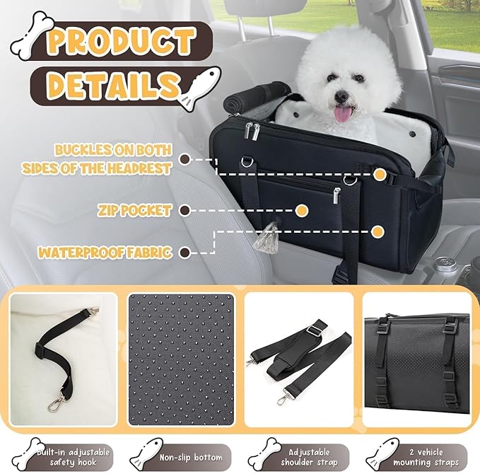 YUDODO 10-18lbs Large Console Dog Car Seat (Width＞9in) Fits Truck & SUV, Luxury Puppy Cat Travel Portable Booster Seat with Removable Velvet Cushion, Anti-Slip Pet Car Bed Carseat PU Leather Black