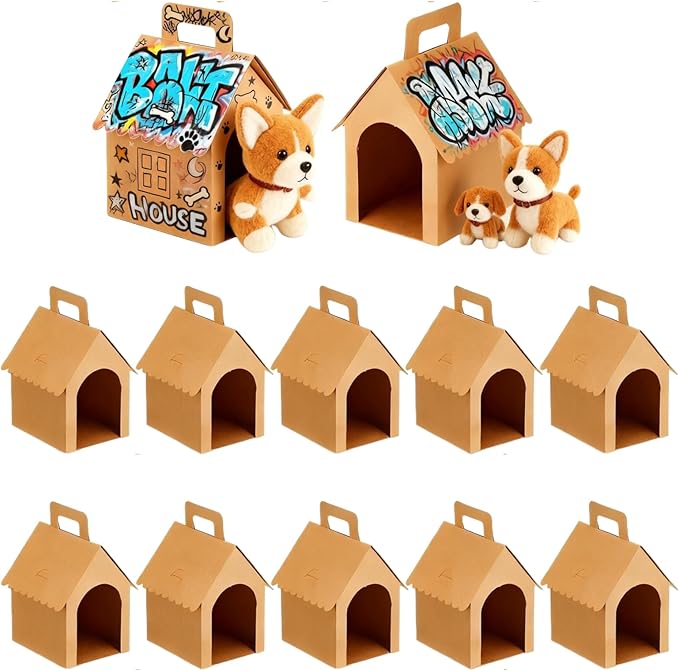 HAN SHENG 24 Pcs Dog House Shape Gift Boxes, Kraft Paper Party Favors with Handle for DIY Crafting, Puppy Birthday Party Supplies, Pet Adoption Theme Decorations