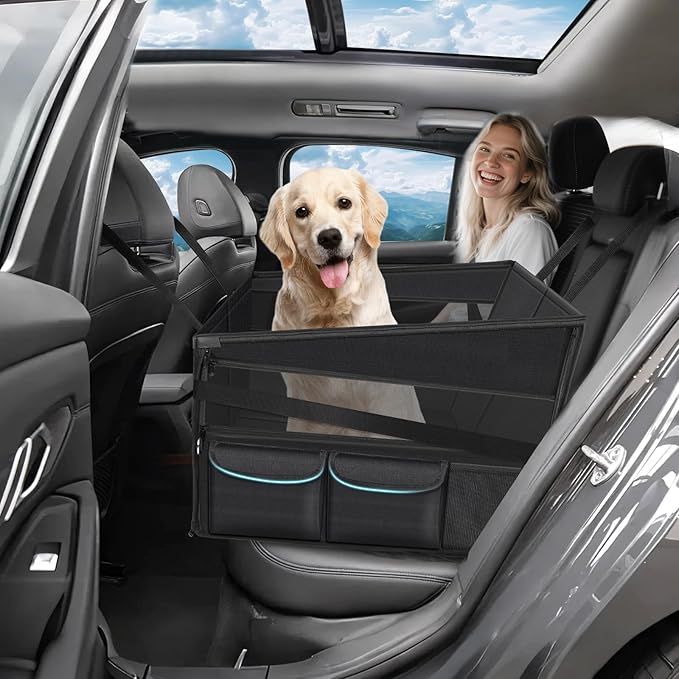 Large Dog Car Seat with Detachable Fleece Cover Summer & Winter | Backseat | Dog Car Seats for 2-3 Small | Medium | Large Dogs | Mesh Windows | Storage Pockets | Travel