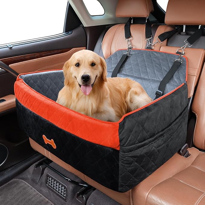PetsHome Dog Car Seat for Medium Large Dogs, Detachable Washable Dog Booster Seat with Memory Foam Cushion, Side Pockets, 2 Clip-On Safety Leashes Pet Car Seat for Dogs Up to 60 lbs-Black