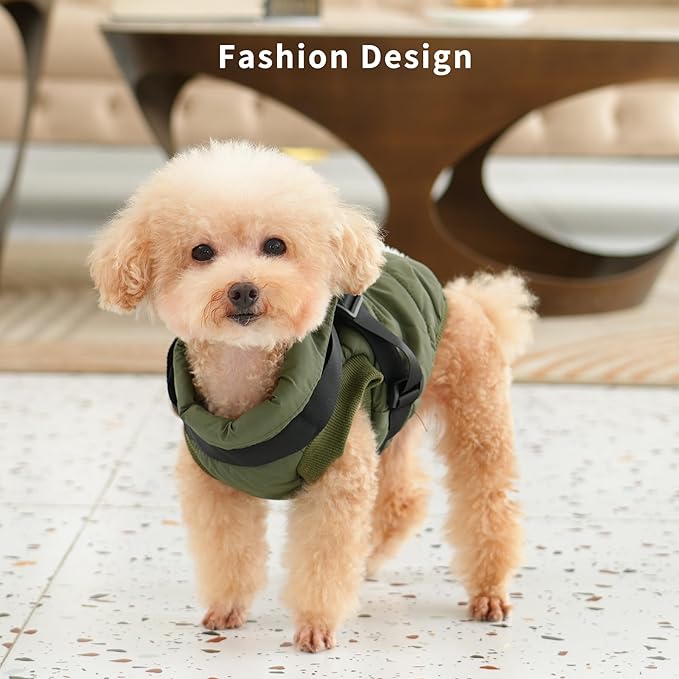 Dog Jacket with Harness,Fleece Lined Warm Puppy Coat for Winter,Soft Windproof Medium Dog Vest,Green L
