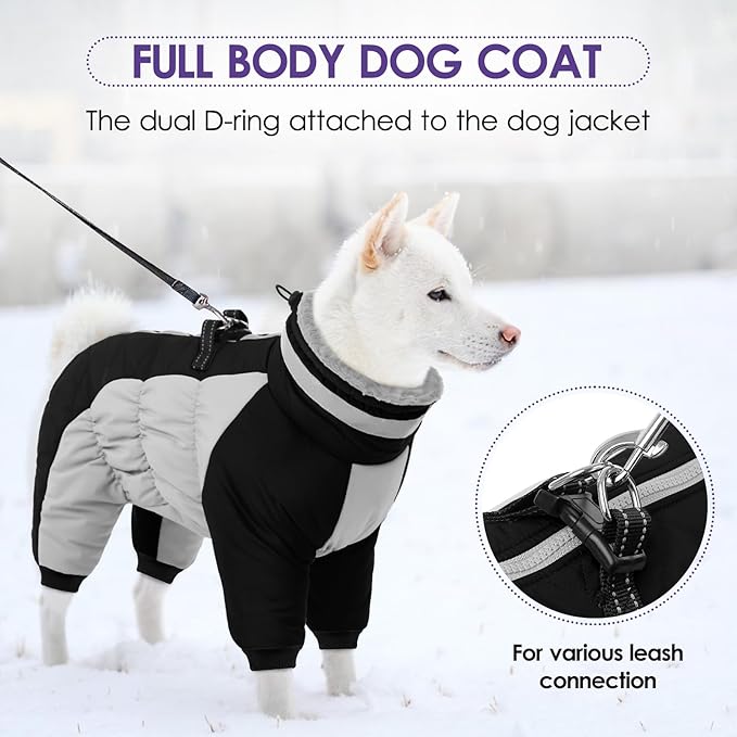 SUNFURA Full Body Dog Coat - Warm Fleece Jacket for Small Dogs, Turtleneck Winter Coats with Harness, Reflective Dog Snowsuit Windproof Puffer Jackets with Legs for Pug, Jack Russel, Black S