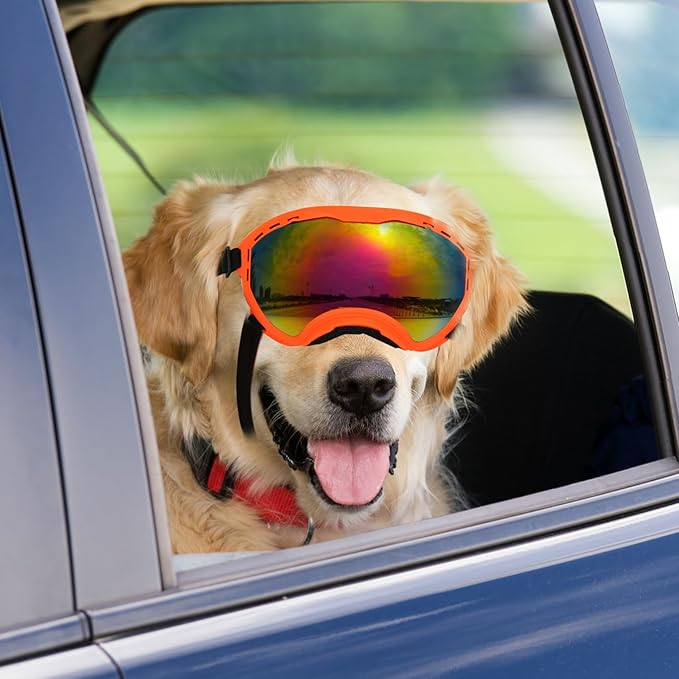 Dog Goggles for Large Dogs, UV Wind Dust Fog Protection, Soft Frame Adjustable Dog Sunglasses, Summer Driving & Winter Snow Eyewear, Tactical Pet Glasses with Elastic Strap (Orange)