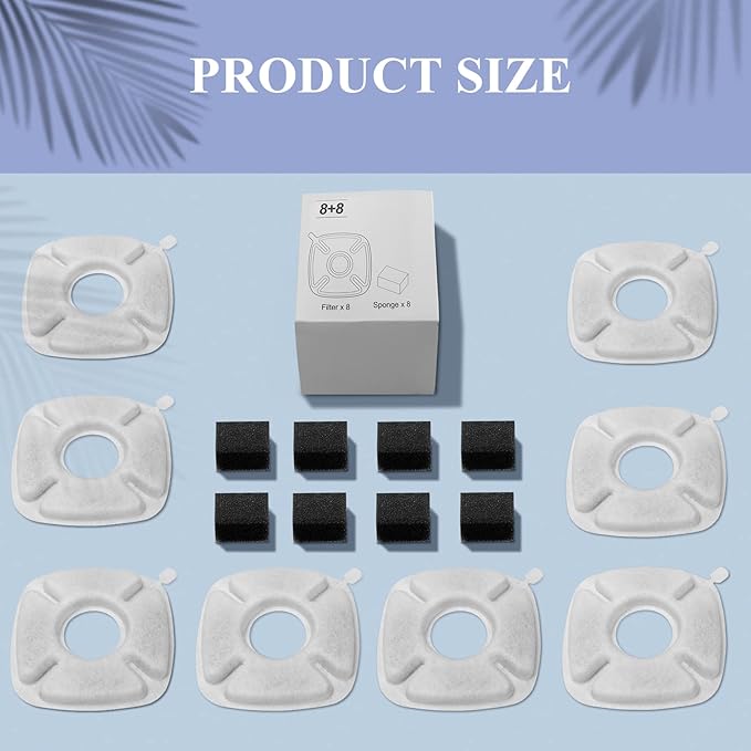 16 Pcs Cat Fountain Replacement Filters：8 Pack Cat Water Fountain Replacement Filters & 8 Pack Pre-Filter Sponges, Pet Fountain Filter Fit for 95oz/2.8L Automatic Pet Fountain Cat Water Fountain