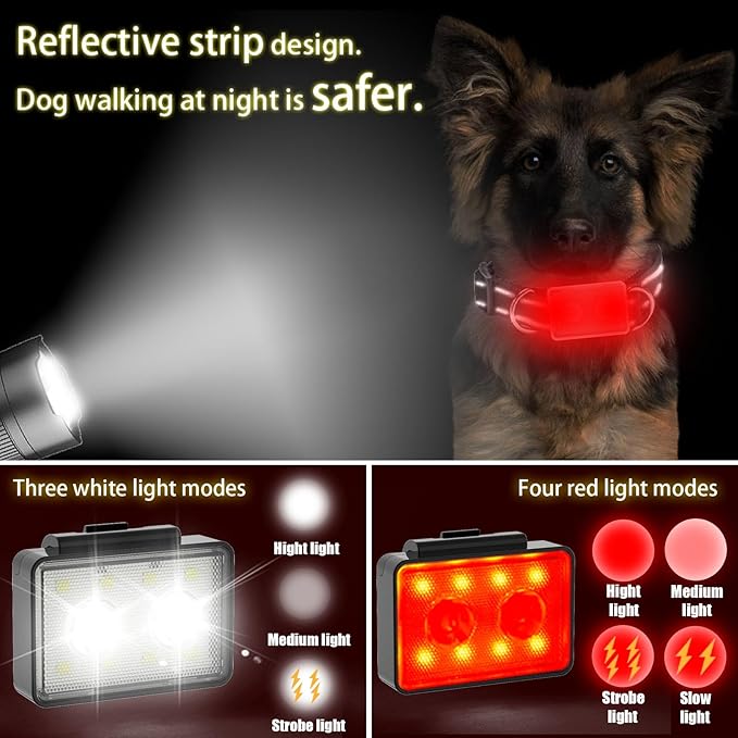 Rechargeable Dog Collar Lights, SUPPENGUIN 3+4 Modes Dog Lights Clip on for Night Walking, Night time, Portable, IP44 Waterproof (Black, 2 Pack)