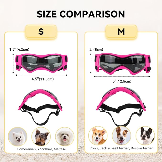 PETLESO Dog Goggles Small Breed, Dog Sunglasses UV Protection Puppy Eyewear for Small Pet Outdoor Riding Driving, Pink S