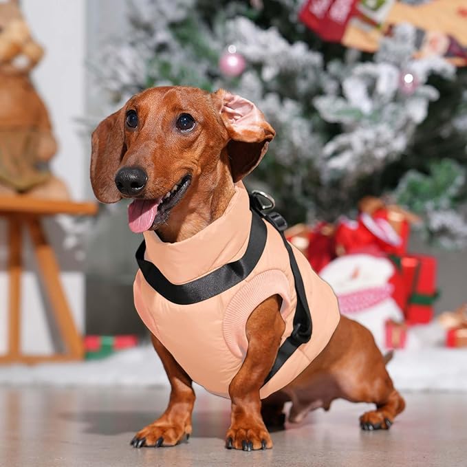 Dog Jacket with Harness,Fleece Lined Warm Puppy Coat for Winter,Soft Windproof Small Dog Vest,LightOrange XS