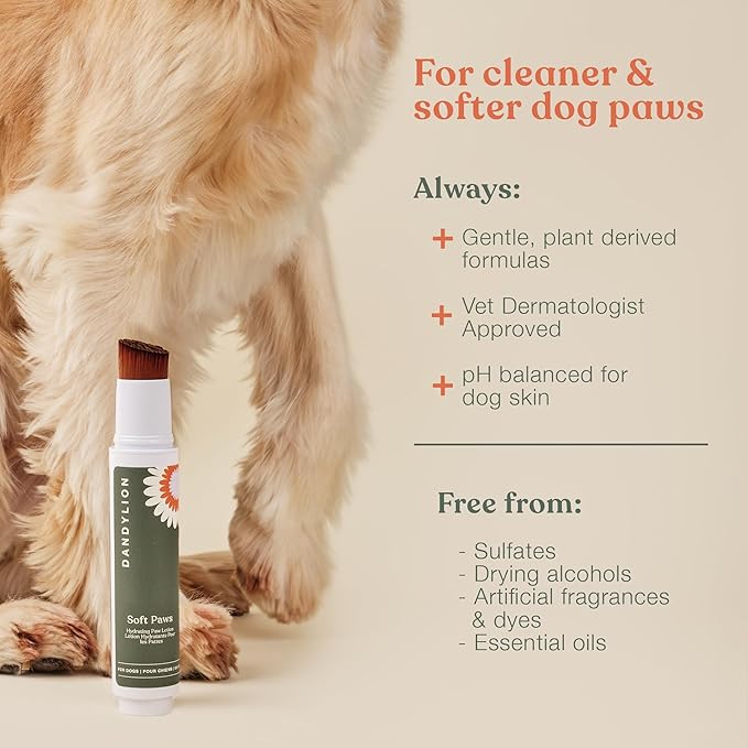 Dandylion Soft Paws Lotion with Brush | Dog Paw Balm & Paw Butter | Hydrating, Vet-Approved, Lick-Safe, Fragrance-Free | pH-Balanced for Itchy, Dry, Cracked Dog Paws | 0.6 fl oz