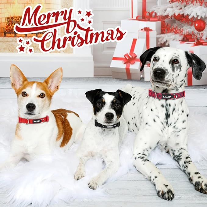 azuza 3 Pack Christmas Nylon Dog Collars Buffalo Check Durable and Comfortable Dog Collars with ID Tag Ring Adjustable for Medium Dogs, M (14-20inch)