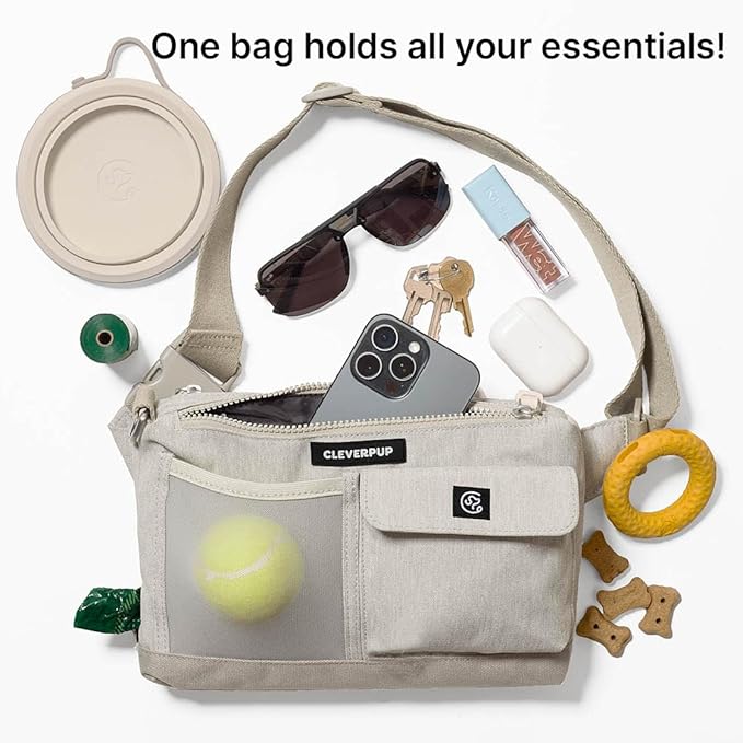 Dog Walk & Train Sling Bag - Hands-Free 2-In-1 Treat Pouch, Poop Bag Holder, Clicker, Phone Pocket - Crossbody/Fanny Pack, Adjustable Strap - Sand
