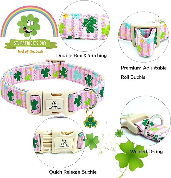 Lionheart glory St. Patrick's Dog Collar-Lucky Clover Shamrock Pink Spring Trefoil Dog Collar for Medium Dogs Adjustable Heavy-Duty Pet Female Dogs Collars