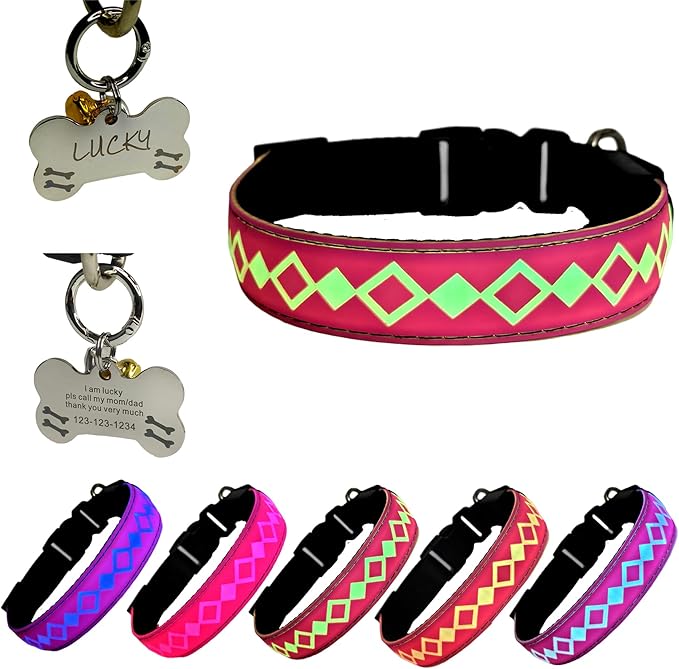 LED Dog Collar with ID Tag, 15 Light Modes, Waterproof Silicone, Night Safety (Pink, L(15.7-19.7"))