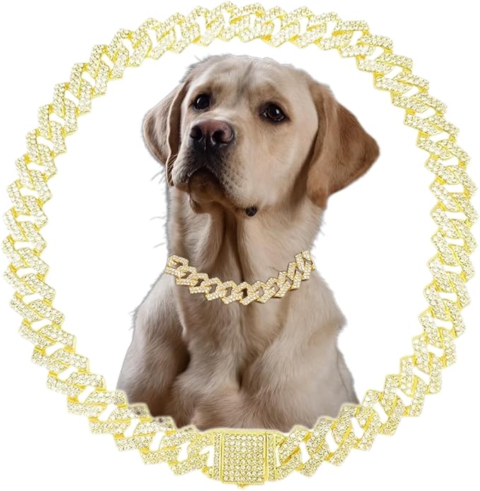 Glod Dog Chain,Metal Diamond Dog Chain Dog Training Chain with Secure Buckle Pet Collars for Large Medium Dogs(Glod 18inch)