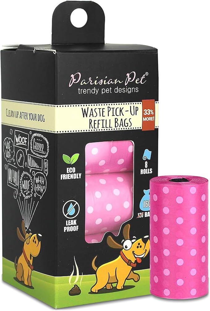 Parisian Pet Ecofriendly Dog Poop Bags Rolls - 160 Count Unscented Poop Bags For Dogs - Leakproof, Extra Thick, 8 Dog Waste Bags Refill Rolls - Polka Dot Pink Doggie Poop Bags - Fits All Dispenser