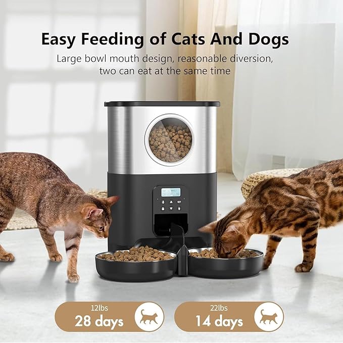 Pet Feeder 5l Stainless Steel Feeder O Window Double Outlet Automatic Feeder Pet Dry Food Dispenser Suitable Compatible with Cats and Dogs Pets Supplies(Black)