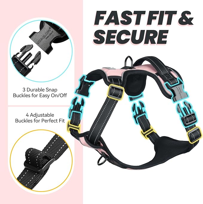 VIVAGLORY Dog Harness Easewalk No Pull Dog Harness with Handle Front Clip & Back Clip for Training Walking Lifting, No Pull Adjustable Easy On Padded Comfortable for Pet, XS, Sakura Pink - Plain