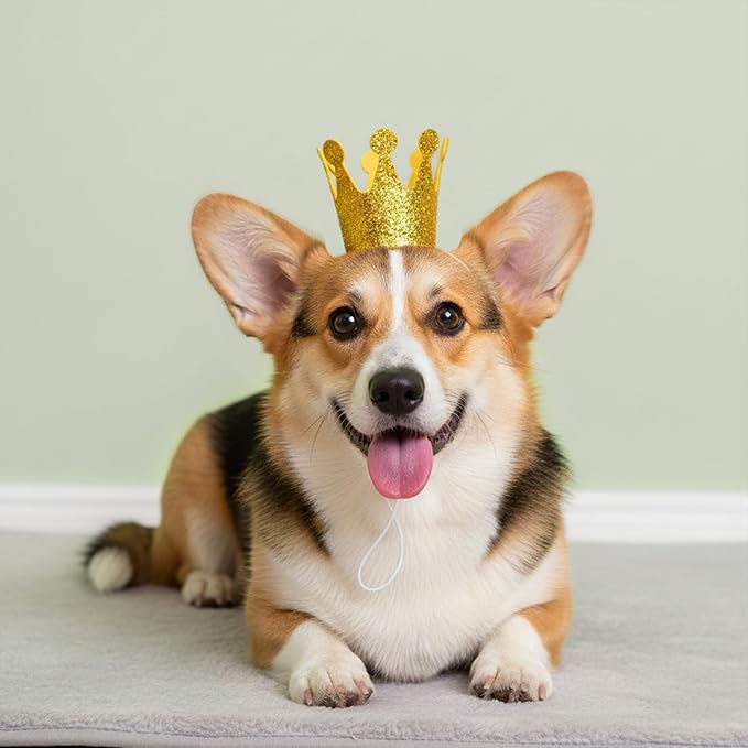 Glitter Dog Birthday Crown, Cat Birthday Hat for Small Dogs, 3.5 Inch Glitter Mini Tiara with Adjustable Strap, Lightweight Felt Headwear for Puppy Milestone Party or Gotcha Day Gold