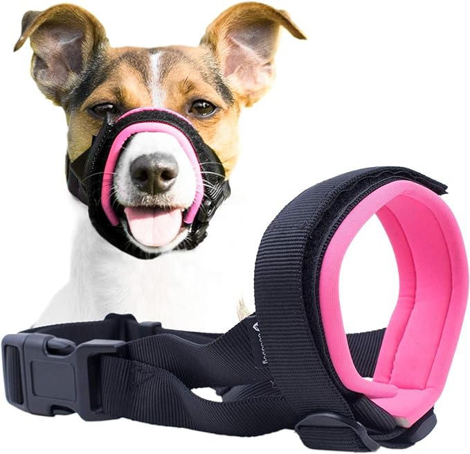 Gentle Muzzle Guard for Dogs - Prevents Biting and Unwanted Chewing Safely Secure Comfort Fit - Soft Neoprene Padding – No More Chafing – Training Guide Helps Build Bonds with Pet (S, Pink)