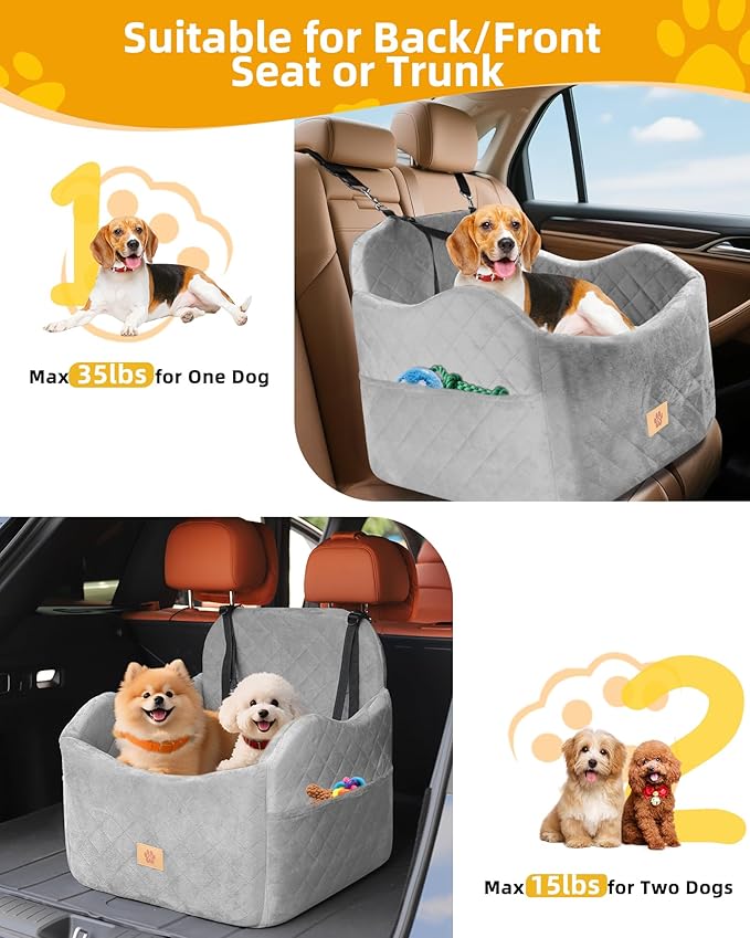 Car Seat Booster for Dog: High-Support Memory Foam Pet Car Seat for Small/Medium Dogs Under 35lbs with Elevated Cushion - Detachable Washable Puppy Travel Bed for Driving with Pockets