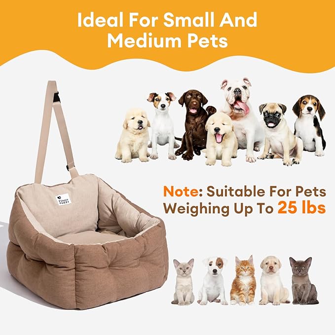 FUNNY FUZZY Dog Car Booster Seat for Small/Medium Dogs Up to 39lbs – Waterproof Fabric, Non-Slip Base, Safety Leash, Fully Detachable & Machine Washable Cover (Brown)