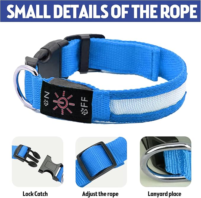 LED Dog Collar, Reflective Dog Collar, USB Rechargeable with 100% Waterproof Luminous Collar, Suitable for Medium and Large Dogs (Blue, L)