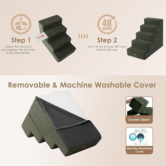 EHEYCIGA Dog Stairs for High Bed 22.5" H, 5-Step Dog Steps for Bed, Pet Steps for Small Dogs and Cats, Non-Slip Balanced Pet Ramp Indoor, Military Green